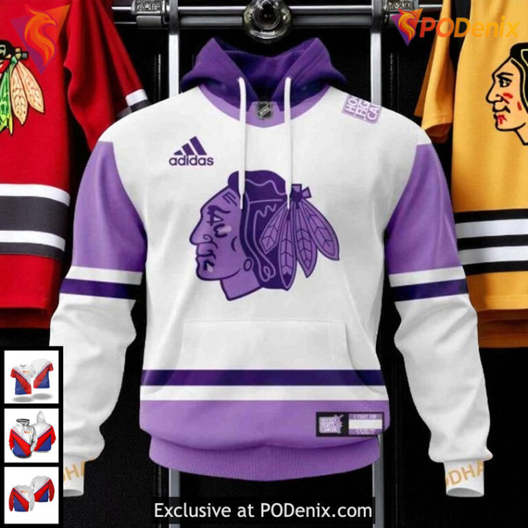 Custom Name Number Blackhawks Hoodie, NHL 2025 Purple Fight Cancer Quote
