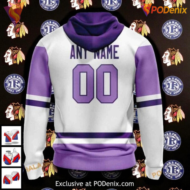 Custom Name Number Blackhawks Hoodie, NHL 2025 Purple Fight Cancer Quote - 1