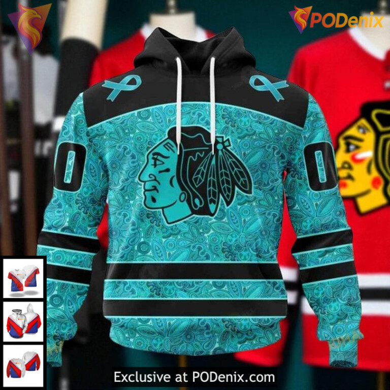 Custom Name Number Blackhawks Hoodie NHL 3D Design Ovarian Cancer Awareness