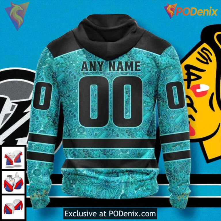 Custom Name Number Blackhawks Hoodie NHL 3D Design Ovarian Cancer Awareness - 1