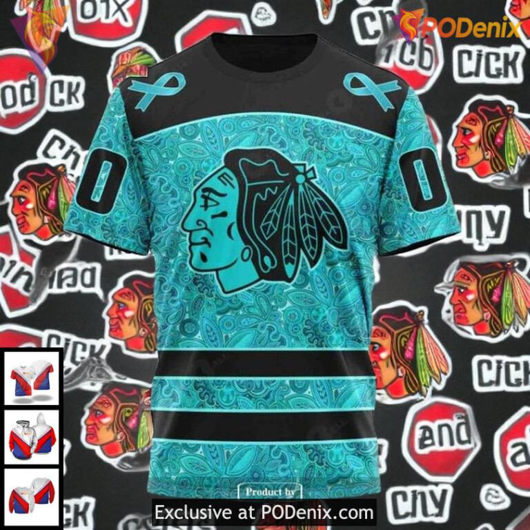 Custom Name Number Blackhawks Hoodie NHL 3D Design Ovarian Cancer Awareness - 2