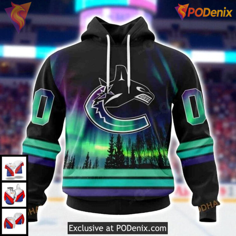 Custom Name Number Canucks Hoodie, Vancouver Canucks 3D Hoodie With Northern Lights