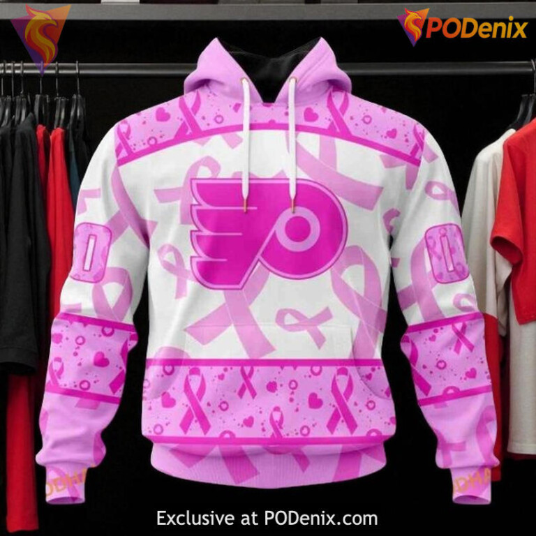 Custom Name Number Flyers Hoodie Pink October Breast Cancer NHL 3D