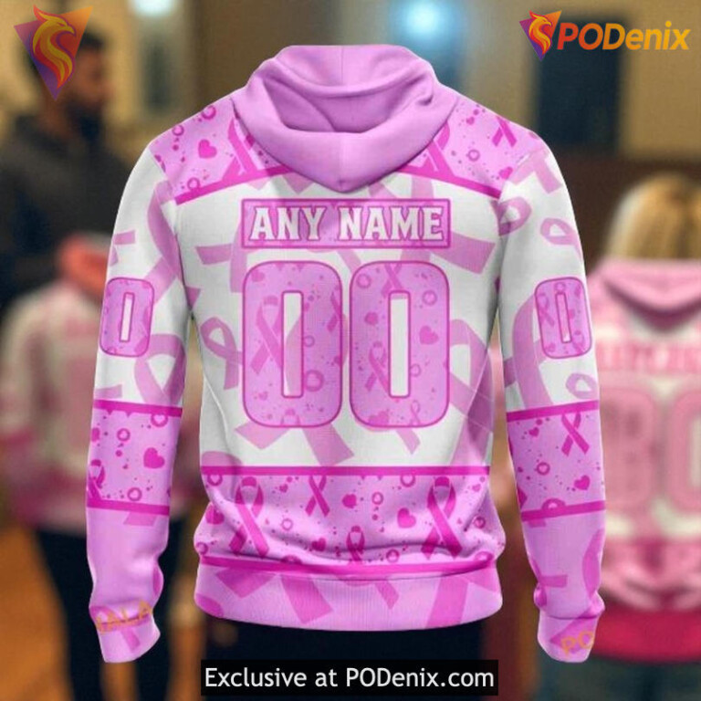 Custom Name Number Flyers Hoodie Pink October Breast Cancer NHL 3D - 1
