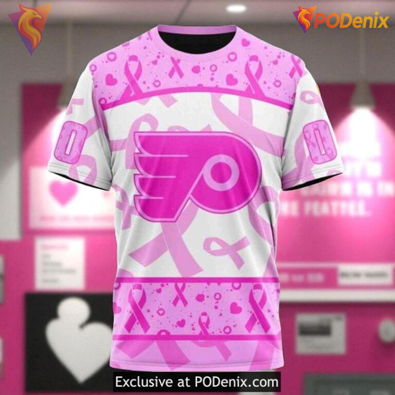 Custom Name Number Flyers Hoodie Pink October Breast Cancer NHL 3D - 2