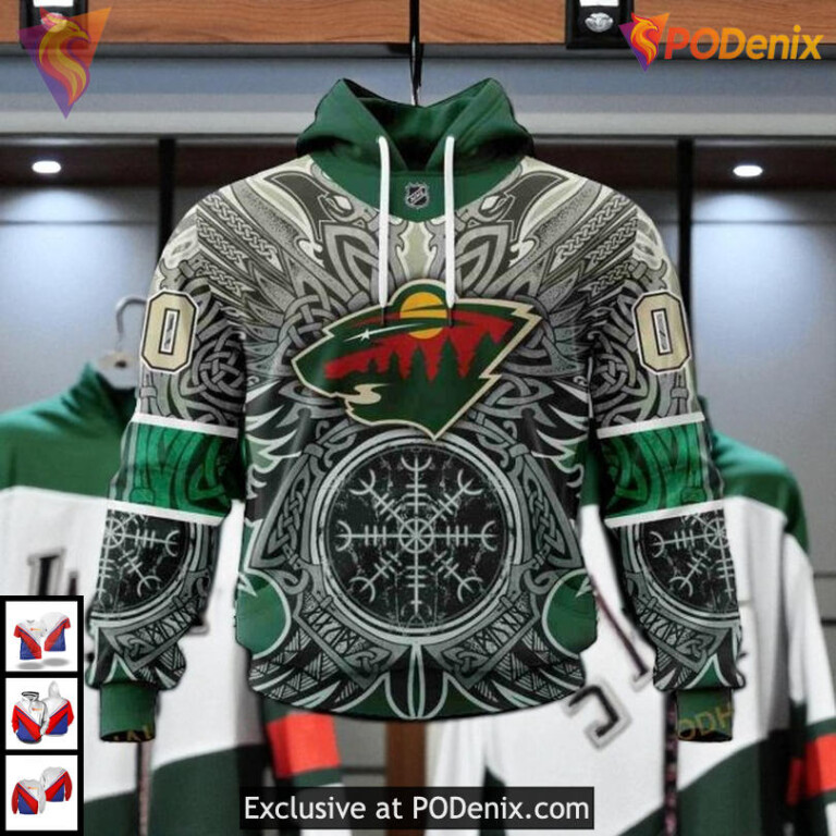 Custom Norse Viking Symbols Design NHL Vintage Minnesota Wild Hoodie 3D
