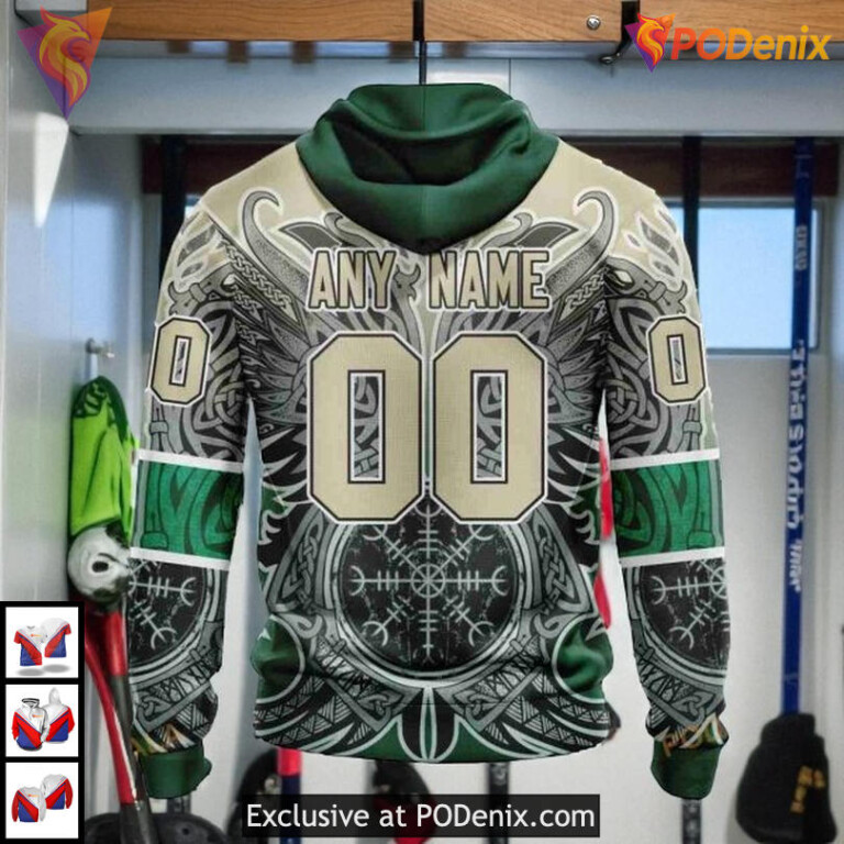 Custom Norse Viking Symbols Design NHL Vintage Minnesota Wild Hoodie 3D - 1