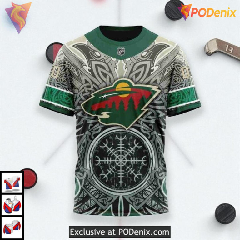 Custom Norse Viking Symbols Design NHL Vintage Minnesota Wild Hoodie 3D - 2