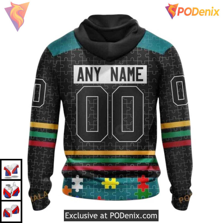 Fearless Against Autism Theme Custom San Jose Sharks Zip Up Hoodie NHL 3D - 1