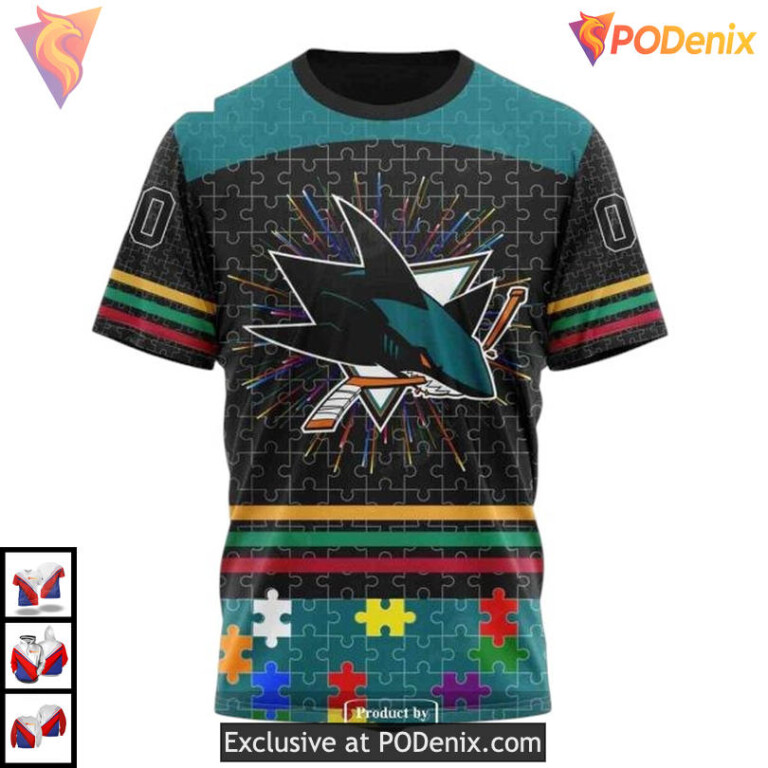 Fearless Against Autism Theme Custom San Jose Sharks Zip Up Hoodie NHL 3D - 2