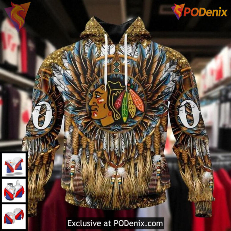 Mens Chicago Blackhawks Custom Hoodie 3D Native Feather Inspired NHL Design