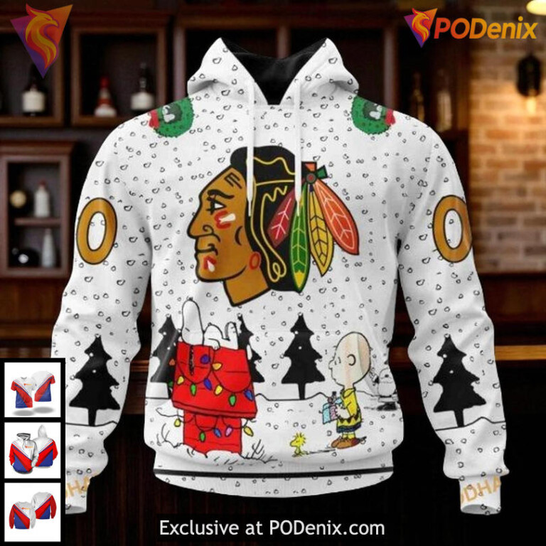 Mens Chicago Blackhawks Custom Hoodie 3D, Peanuts Snoopy Winter Holiday