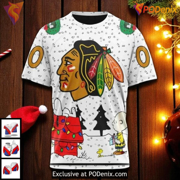 Mens Chicago Blackhawks Custom Hoodie 3D, Peanuts Snoopy Winter Holiday - 2