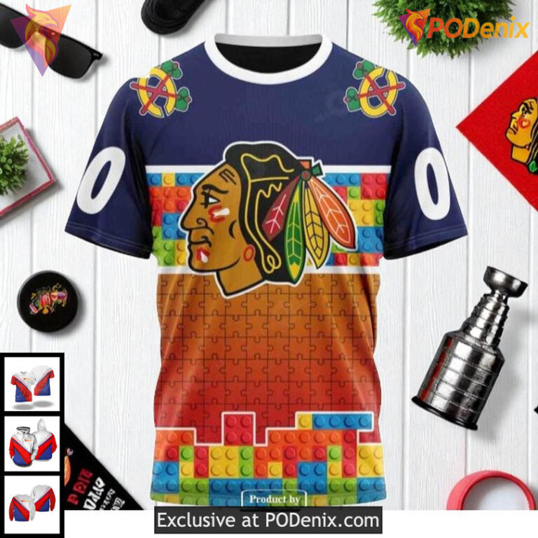 Mens Chicago Blackhawks Custom Hoodie 3D Puzzle Inspired Gradient Design NHL - 2