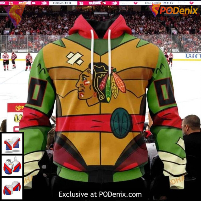 Mens Chicago Blackhawks Custom Hoodie 3D Teenage Mutant Ninja Turtles NHL