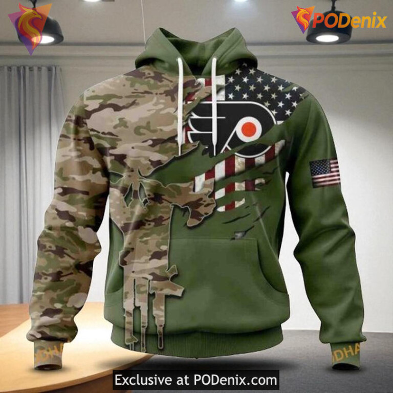 Mens Philadelphia Flyers Custom Hoodie 3D, Camo Skull Name and Number Style