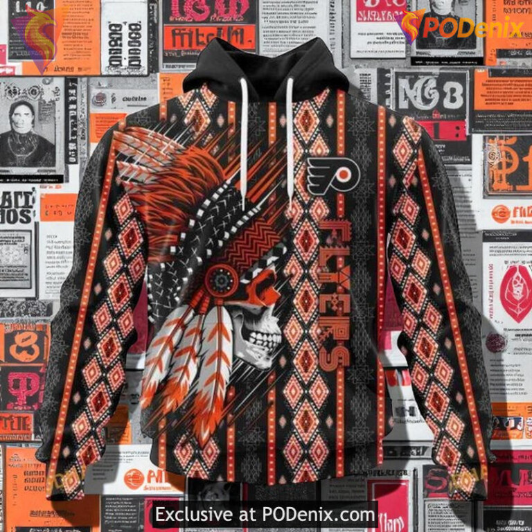 Mens Philadelphia Flyers Custom Hoodie 3D Skull Native Design NHL