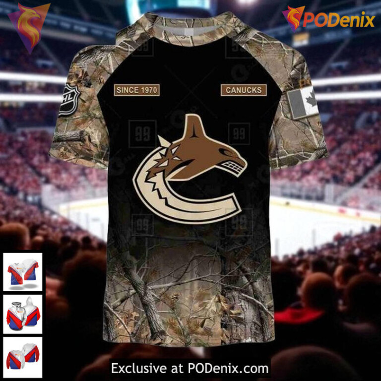 Mens Vancouver Canucks Custom Hoodie 3D, Hunting Camouflage NHL Design - 2