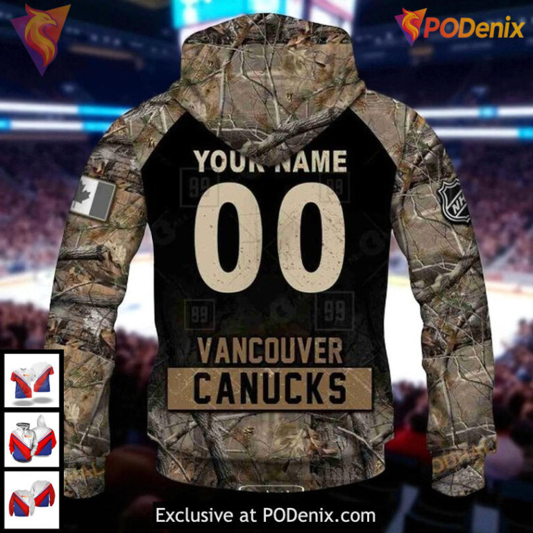 Mens Vancouver Canucks Custom Hoodie 3D, Hunting Camouflage NHL Design - 3
