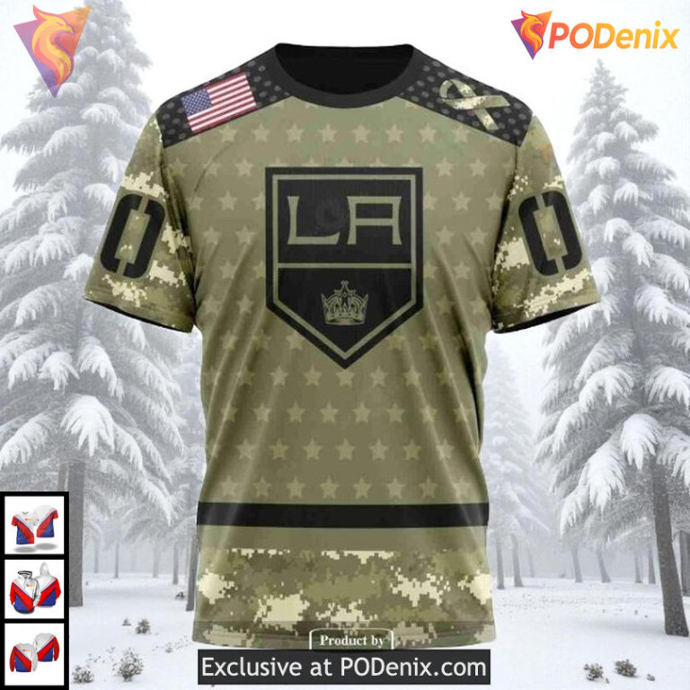 Military Appreciation Camo Tribute Custom Los Angeles Kings Kids Hoodie NHL 3D - 2