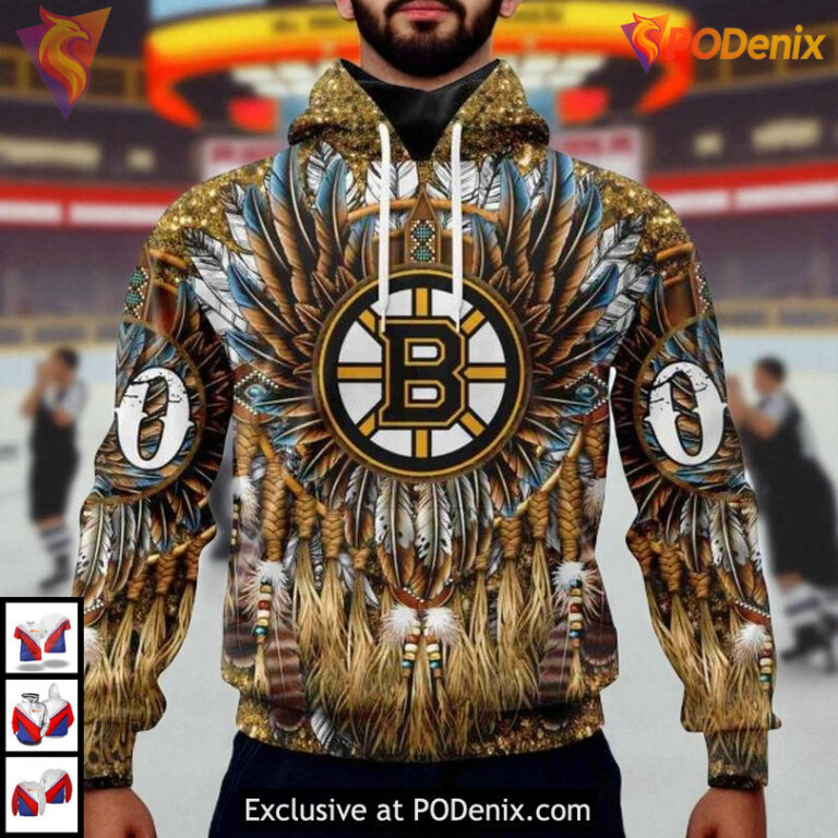Native Costume Cultural Design Custom NHL Boston Bruins Womens Hoodie