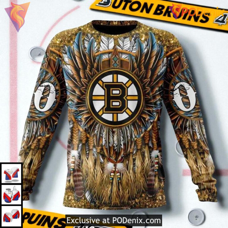 Native Costume Cultural Design Custom NHL Boston Bruins Womens Hoodie - 3