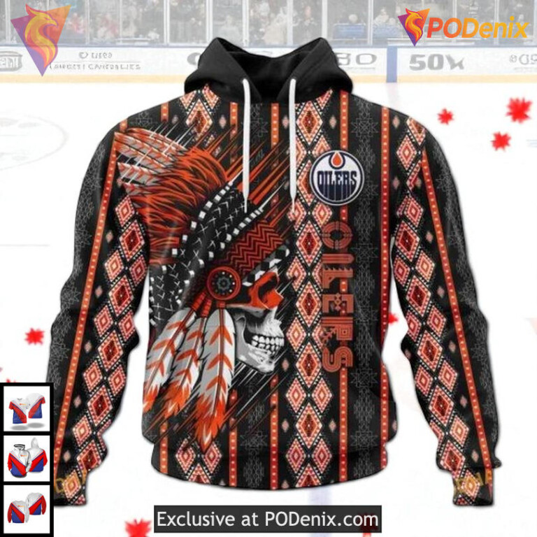 Native Skull Artwork Design NHL Custom Number Edmonton Oilers Hoodie 3D