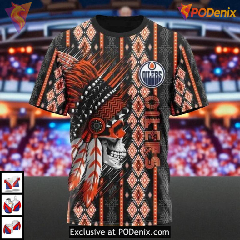 Native Skull Artwork Design NHL Custom Number Edmonton Oilers Hoodie 3D - 2