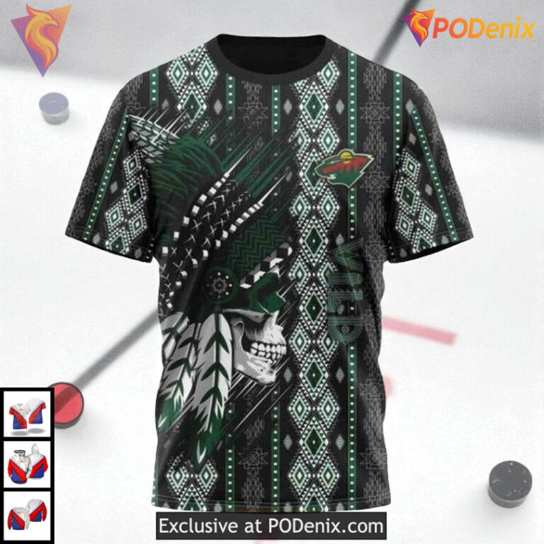 Native Skull Artwork Design NHL Personalized Minnesota Wild Hoodie 3D - 2