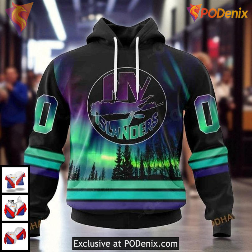 New York Islanders Pullover Hoodie Aurora Borealis Custom NHL 3D Design