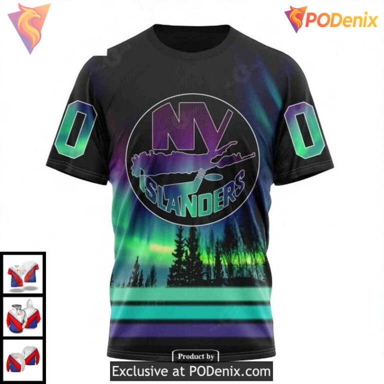 New York Islanders Pullover Hoodie Aurora Borealis Custom NHL 3D Design - 2