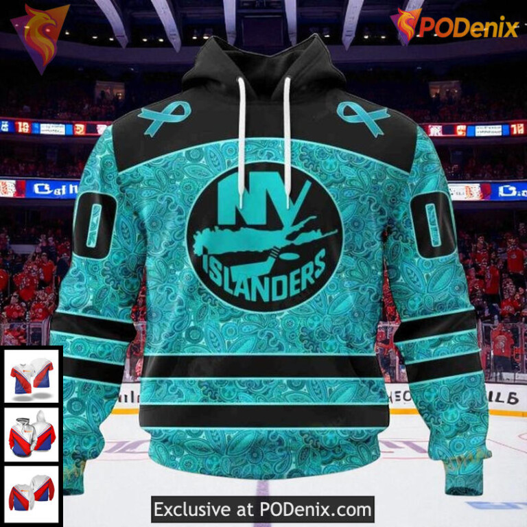 New York Islanders Pullover Hoodie, Custom NHL Ovarian Cancer Awareness 3D