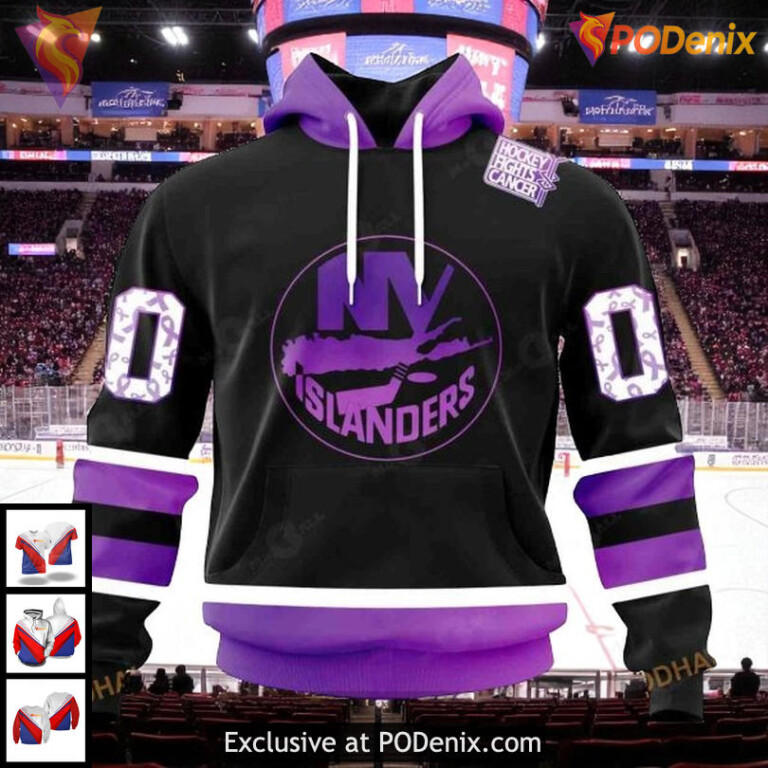 New York Islanders Zip Up Hoodie, Custom NHL Hockey Fights Cancer Purple Design