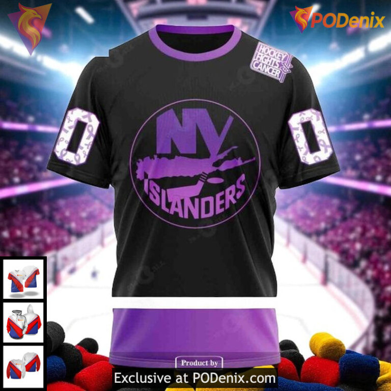 New York Islanders Zip Up Hoodie, Custom NHL Hockey Fights Cancer Purple Design - 2