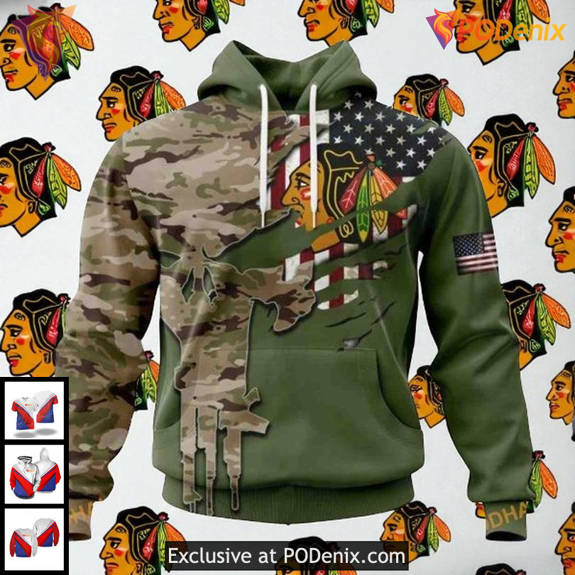 NHL Blackhawks All Over Print 3D Hoodie Camo Skull Design With American Flag