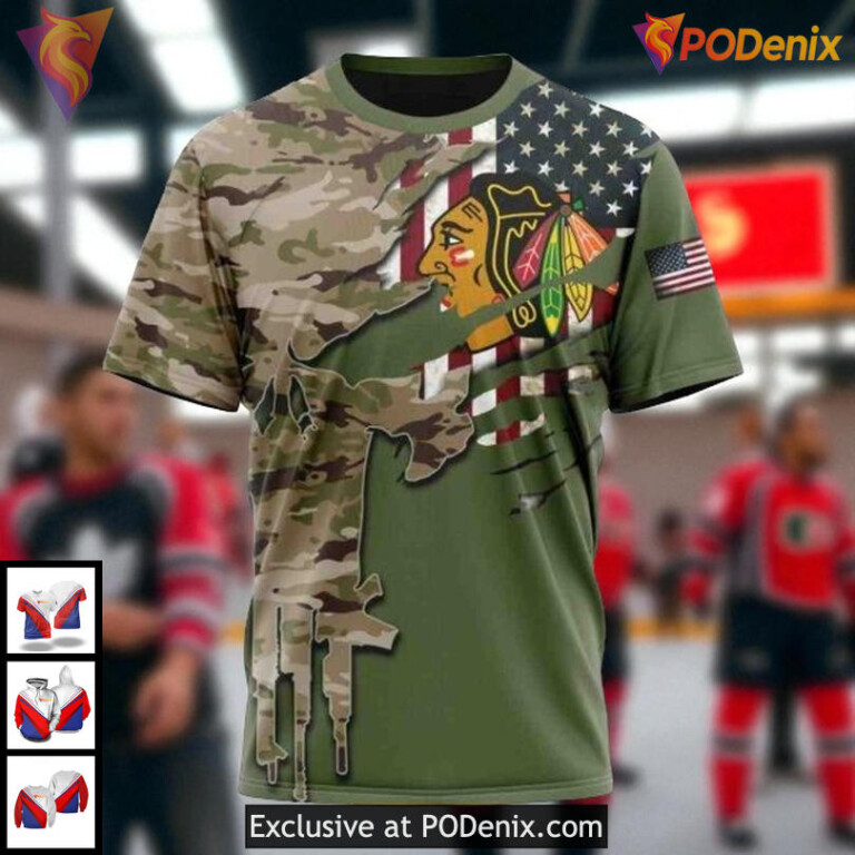 NHL Blackhawks All Over Print 3D Hoodie Camo Skull Design With American Flag - 2