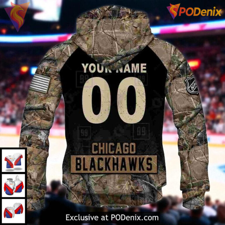 NHL Chicago Blackhawks Hoodie Camouflage Hunting Custom Name Number 3D - 3