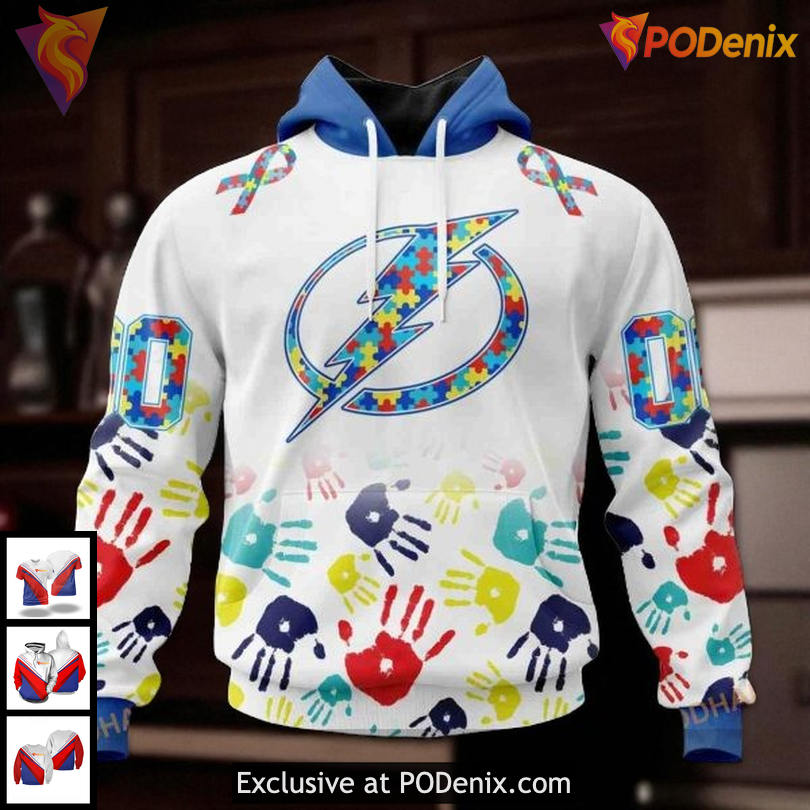 NHL Tampa Bay Lightning Hoodie Autism Awareness 3D Design With Handprints NHL Tampa Bay Lightning Hoodie Autism Awareness 3D Design With Handprints