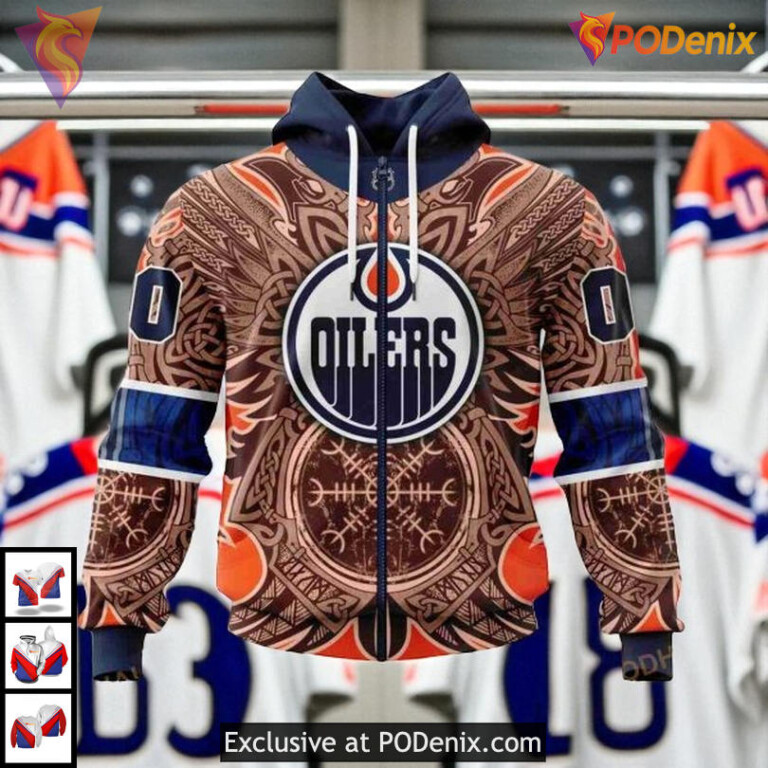 Norse Viking Symbols Graphic NHL Custom Number Edmonton Oilers Hoodie 3D
