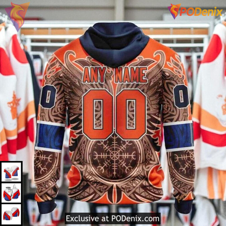 Norse Viking Symbols Graphic NHL Custom Number Edmonton Oilers Hoodie 3D - 2
