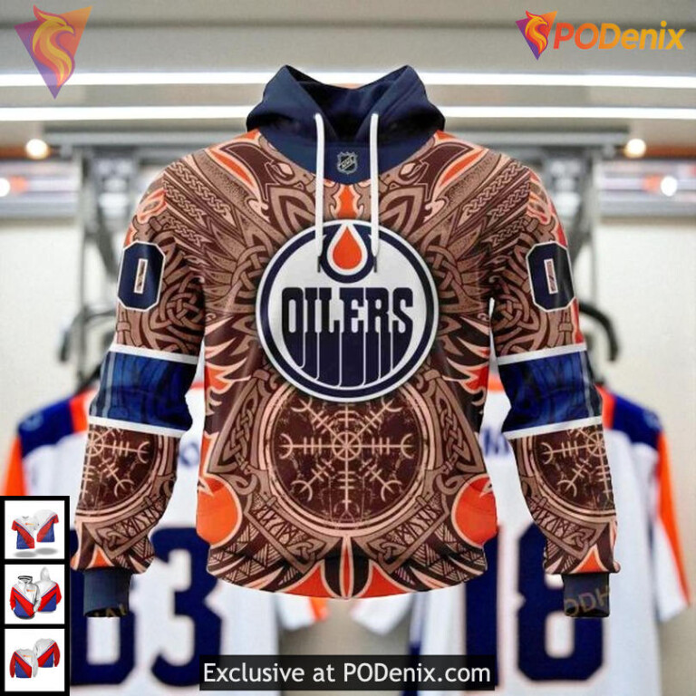 Norse Viking Symbols Graphic NHL Custom Number Edmonton Oilers Hoodie 3D - 3