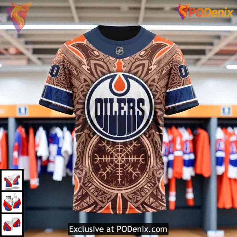 Norse Viking Symbols Graphic NHL Custom Number Edmonton Oilers Hoodie 3D - 4