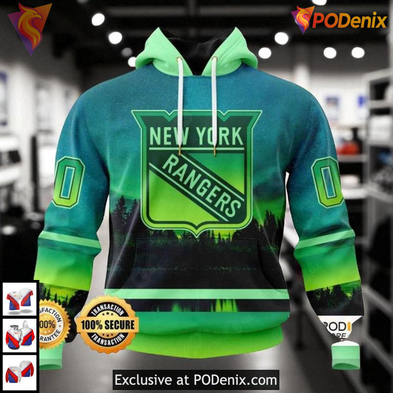 Northern Lights Custom Print Personalized New York Rangers Youth Hoodie 3D