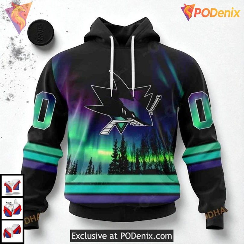 Northern Lights Ice Effect Design Custom San Jose Sharks Pullover Hoodie 3D
