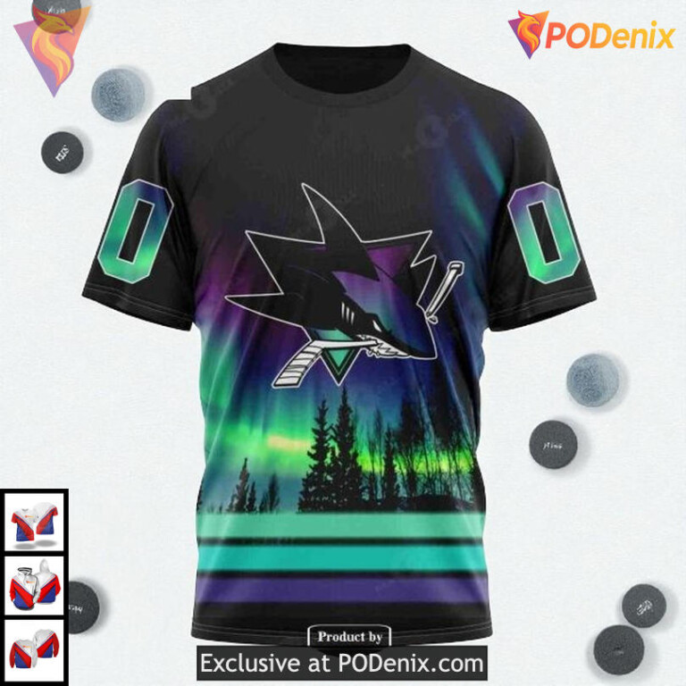 Northern Lights Ice Effect Design Custom San Jose Sharks Pullover Hoodie 3D - 2