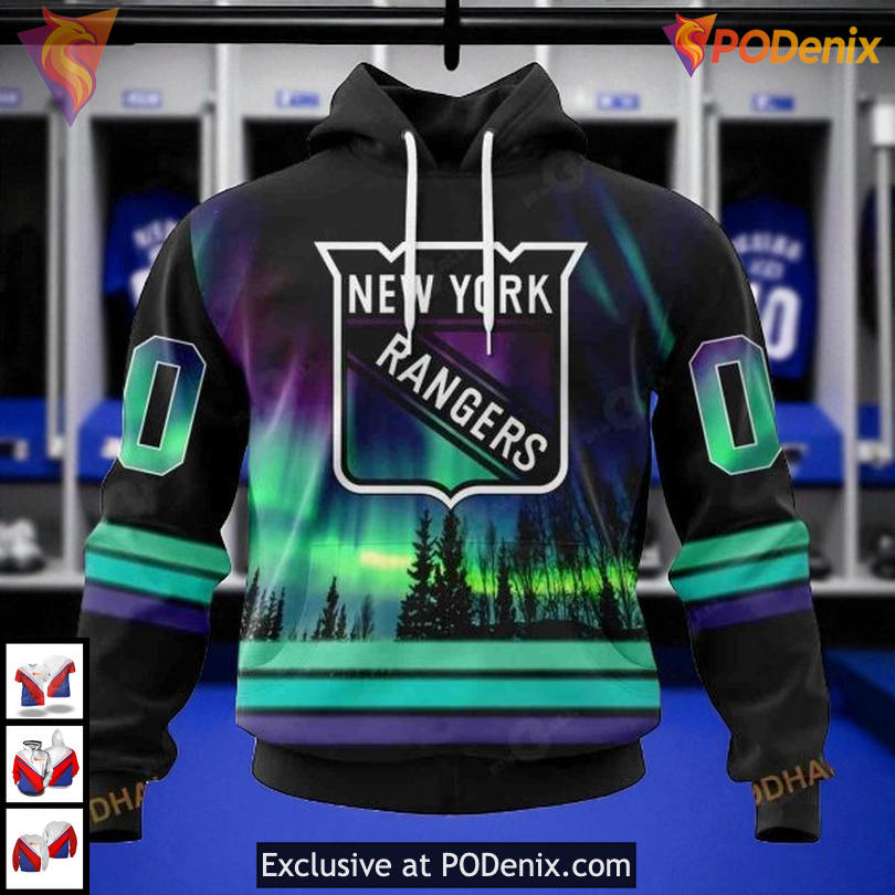Northern Lights Inspired Artwork Printed On Custom Number New York Rangers Hoodie
