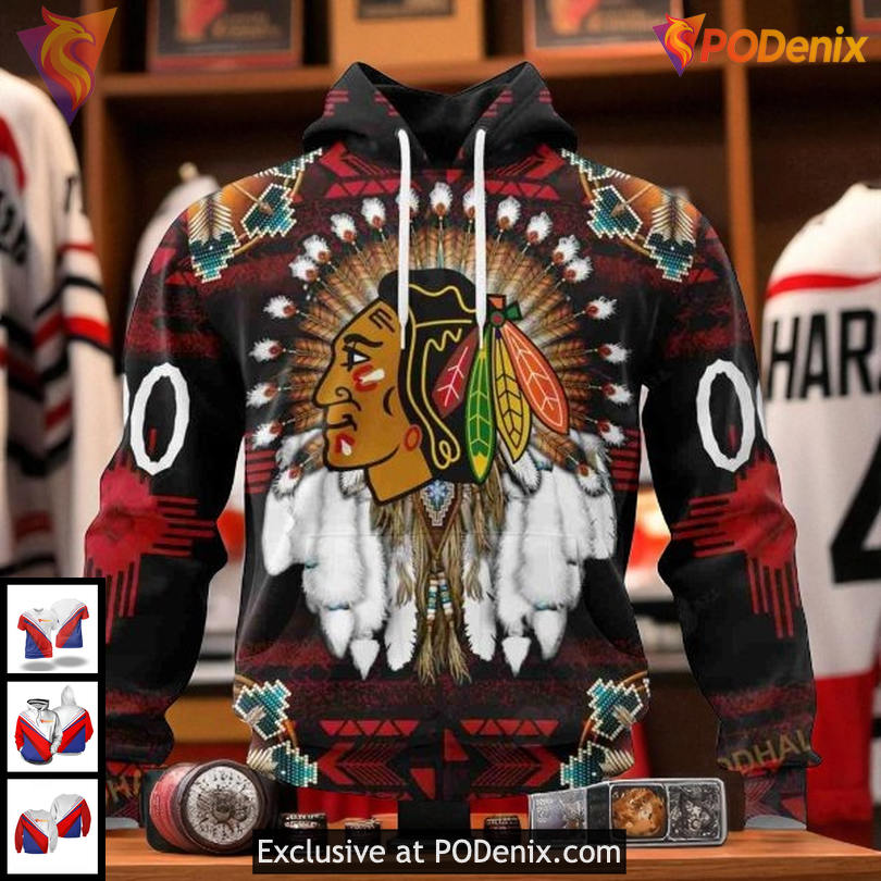 Personalized Blackhawks All Over Print Hoodie Native Tribal NHL Design