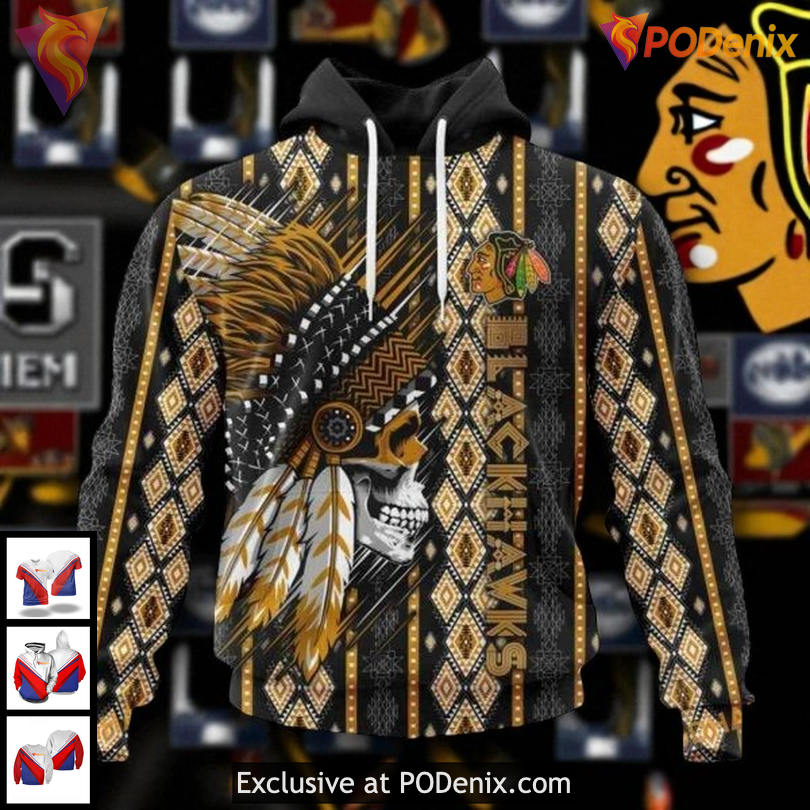 Personalized Blackhawks All Over Print Hoodie NHL Skull Native Warrior Design