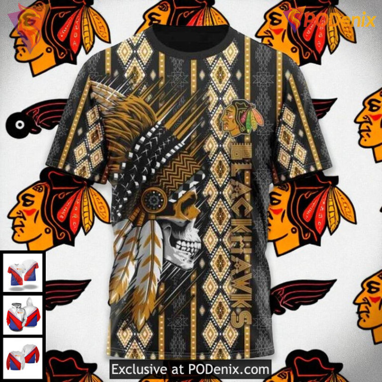 Personalized Blackhawks All Over Print Hoodie NHL Skull Native Warrior Design - 2