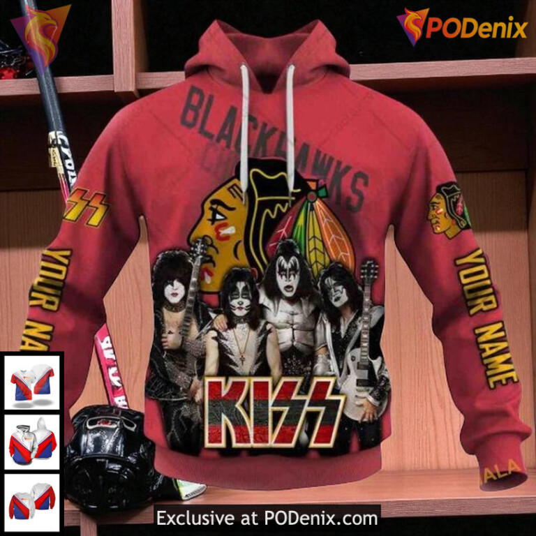 Personalized Blackhawks All Over Print Hoodie With KISS Band Tribute NHL Style
